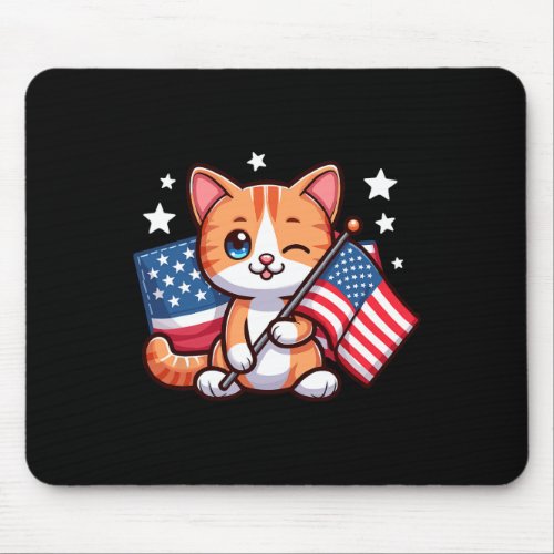 Cat 4th Of July Usa American Flag Cat 4th Of July  Mouse Pad