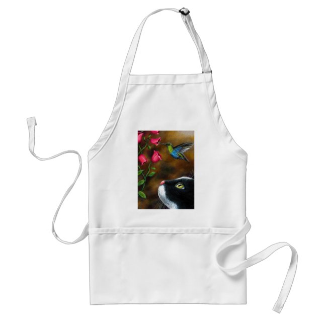 Cat 571 Tuxedo with Hummingbird Adult Apron (Front)