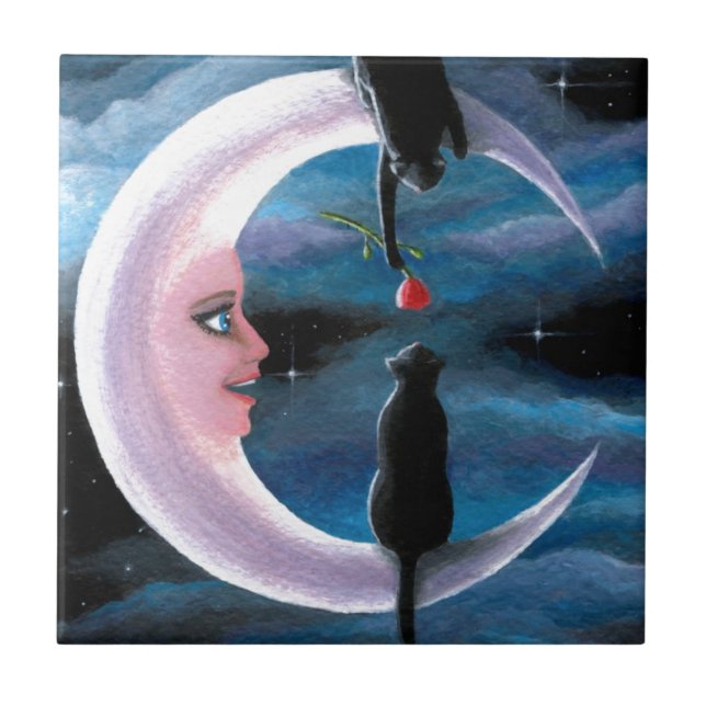 Cat 581 black Cats on Moon Ceramic Tile (Front)