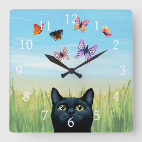 Cat 606 butterflies nature background square wall clock