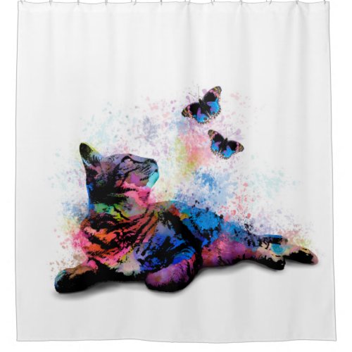 Cat 614 pink blue butterfly shower curtain