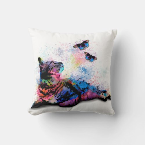 Cat 614 pink blue butterfly throw pillow