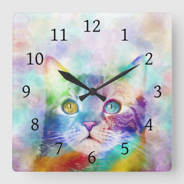 cat 663 multicolor cat square wall clock (Front)