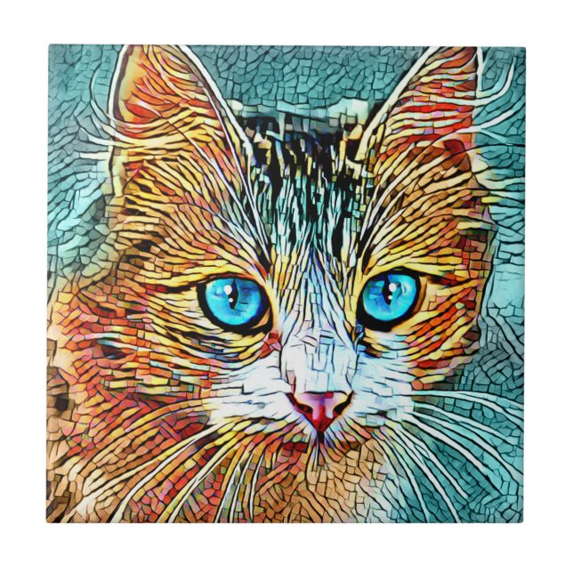 Cat 685 Turquoise Orange Ceramic Tile (Front)