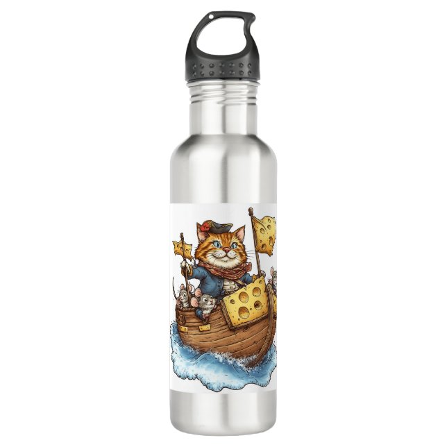 Cat Abduction Squad – Funny Alien Kitty Sci-Fi Stainless Steel Water Bottle (Front)