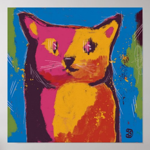 Cat abstract digital painting bright colors poster