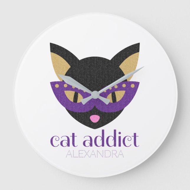 Cat Addict Cute Black Purple Gold Customized Name Large Clock (Front)