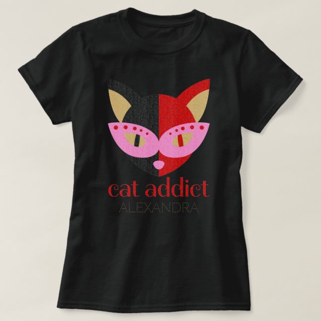 Cat Addict Cute Black Red Pink Customized Name T-Shirt (Design Front)