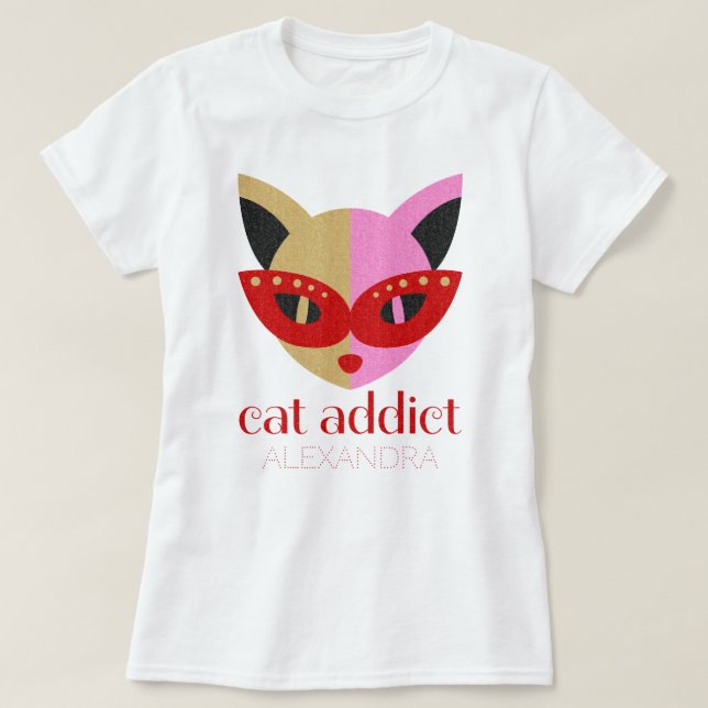 Cat Addict Cute Red Pink Gold Name Customized T-Shirt (Design Front)
