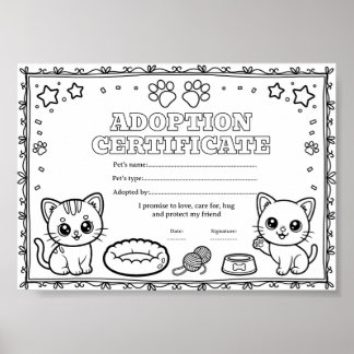 Cat adopt a pet coloring certificate poster