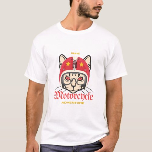 Cat Adventure Motorcycle Road Brave Red Helmet  T_Shirt