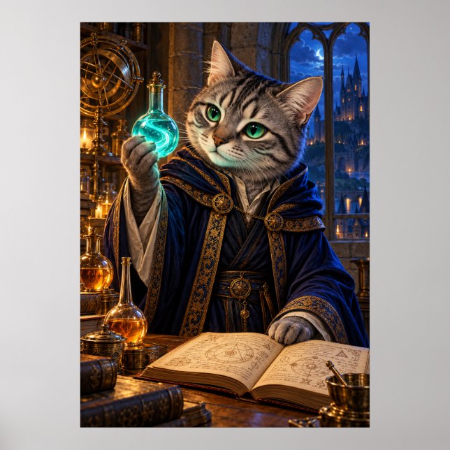 Cat Alchemist Fantasy Wizard Wall Art Poster (Front)