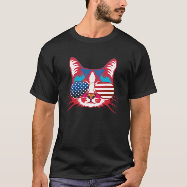 Cat  America Patriotic 4th July Independence Sungl T-Shirt (Front)