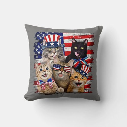 Cat American Flag 4th of July Men Women Merica Throw Pillow