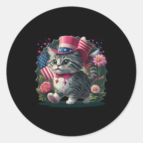 Cat American Flag Retro 4th Of July Independence D Classic Round Sticker