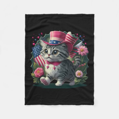 Cat American Flag Retro 4th Of July Independence D Fleece Blanket