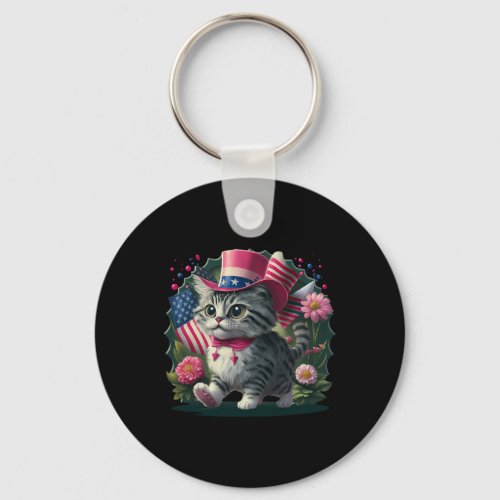 Cat American Flag Retro 4th Of July Independence D Keychain