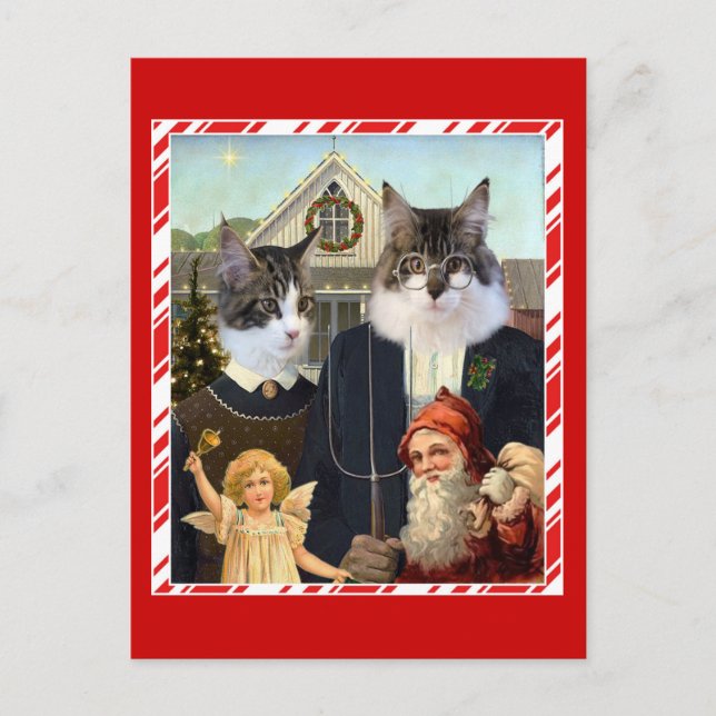 Cat American Gothic Christmas funny postcard (Front)