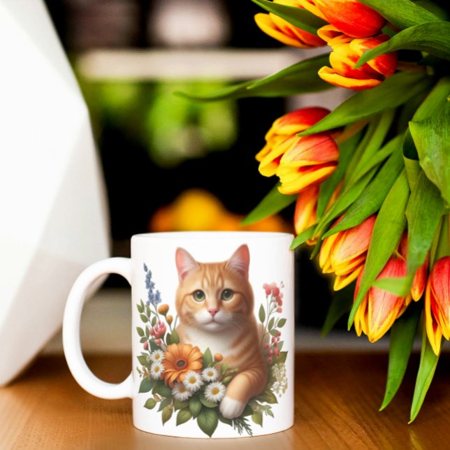 Cat Among Flowers Watercolor Art Coffee Mug (Creator Uploaded)