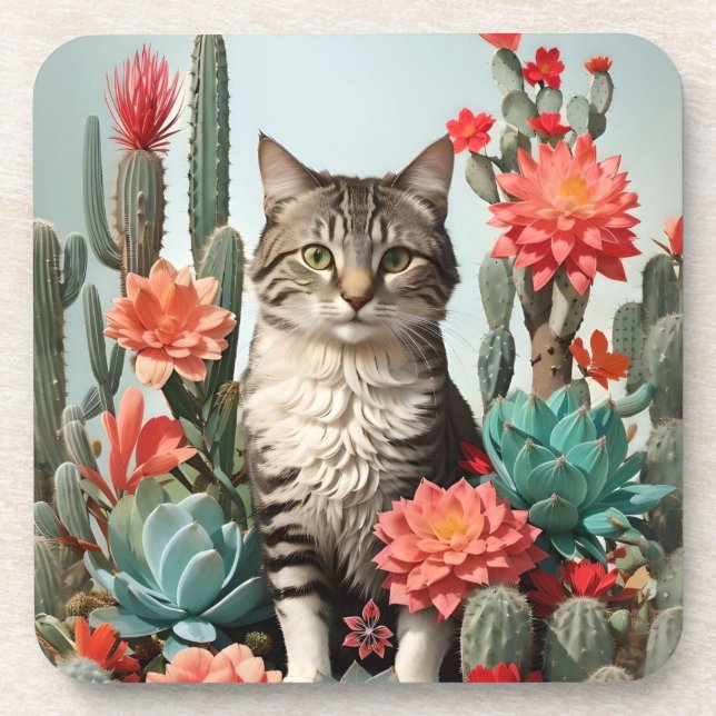 Cat Among the Cactuses | Cat Lovers  Beverage Coaster (Front)