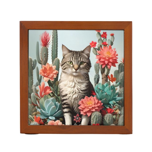 Cat Among the Cactuses | Cat Lovers  Desk Organizer (Front)