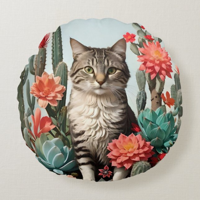 Cat Among the Cactuses | Cat Lovers  Round Pillow (Front)