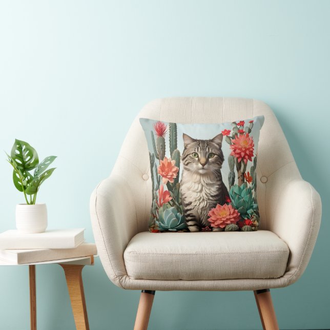 Cat Among the Cactuses | Cat Lovers  Throw Pillow (Chair)