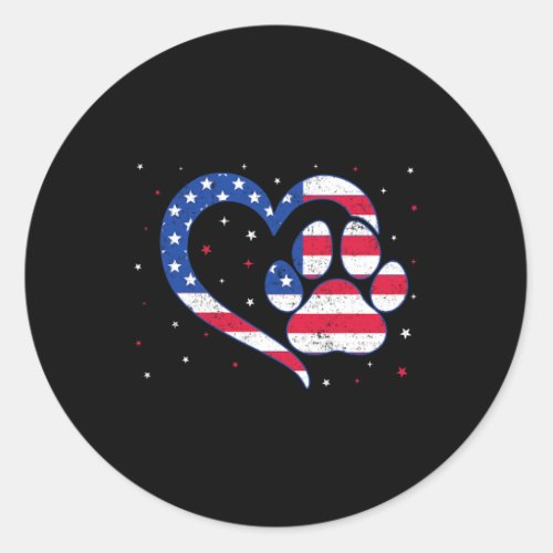 Cat Amp Dog Paw Heart American Flag Patriotic Usa  Classic Round Sticker