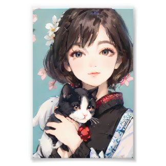 Cat and Anime Girl Style - Whimsical Friendship Photo Print