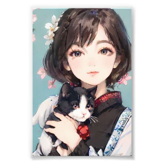 Cat and Anime Girl Style - Whimsical Friendship Photo Print (Front)