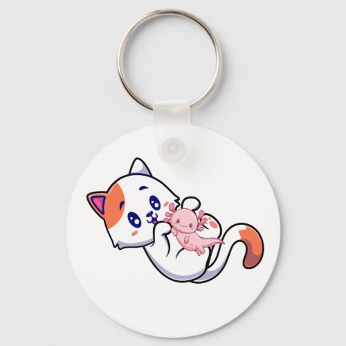 Cat and Axolotl Kawaii Neko Anime Button Keychain