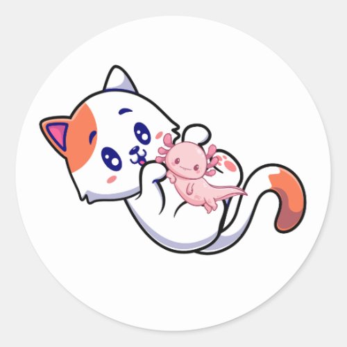 Cat and Axolotl Kawaii Neko Anime Classic Round Sticker