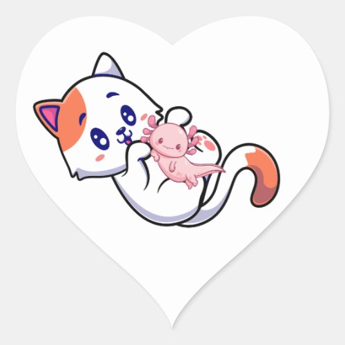 Cat and Axolotl Kawaii Neko Anime Heart Sticker