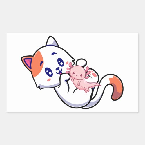 Cat and Axolotl Kawaii Neko Anime Rectangular Sticker
