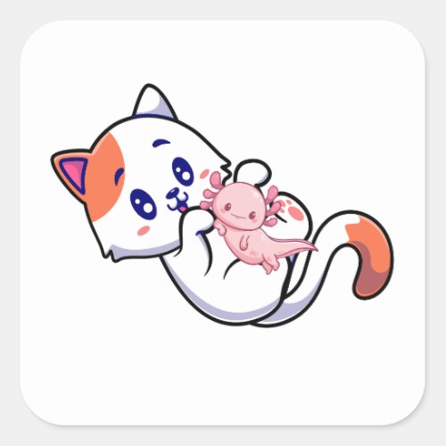 Cat and Axolotl Kawaii Neko Anime Square Sticker