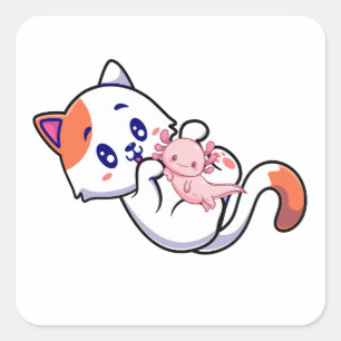 Cat and Axolotl Kawaii Neko Anime Square Sticker