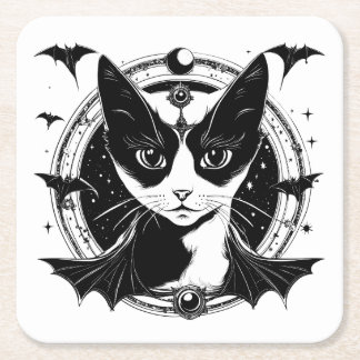 Cat and Bats I Square Paper Coaster