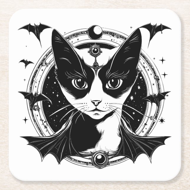 Cat and Bats I Square Paper Coaster (Front)