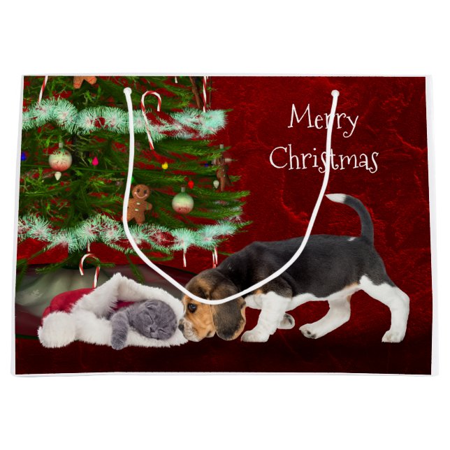Cat and Beagle Christmas Large Gift Bag (Front)