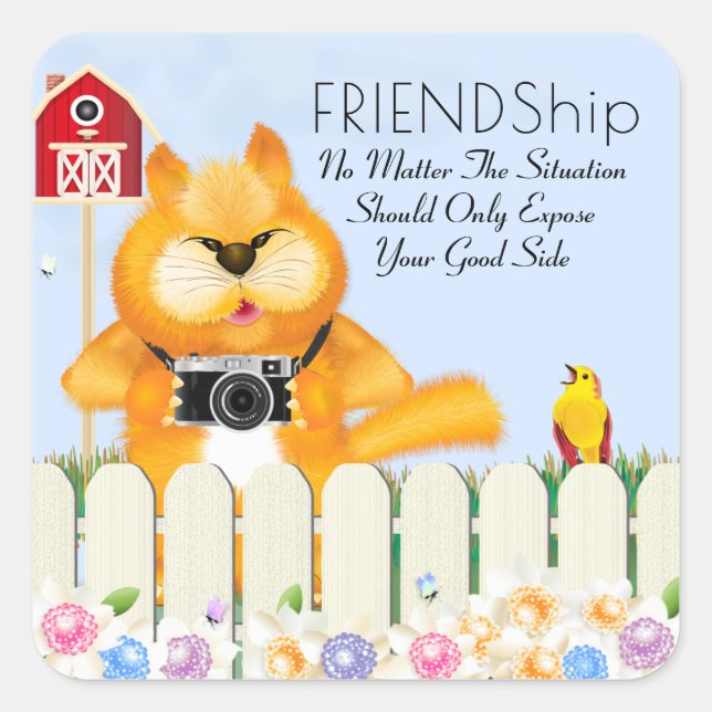 Cat and Bird Friendship Square Sticker (Front)