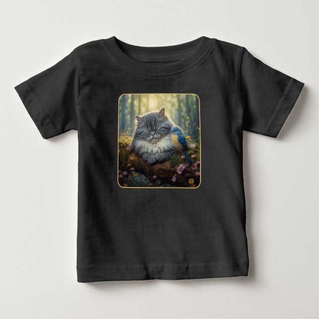 Cat and bird in serene nature baby T-Shirt (Front)