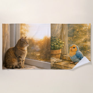 Cat and Bird Warm Window Light Beach Towel