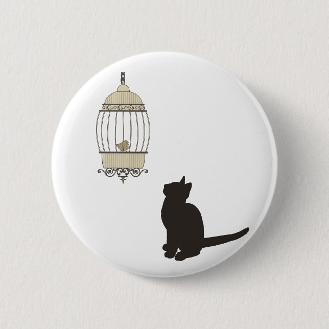 Cat and Birdcage Pinback Button (Front)