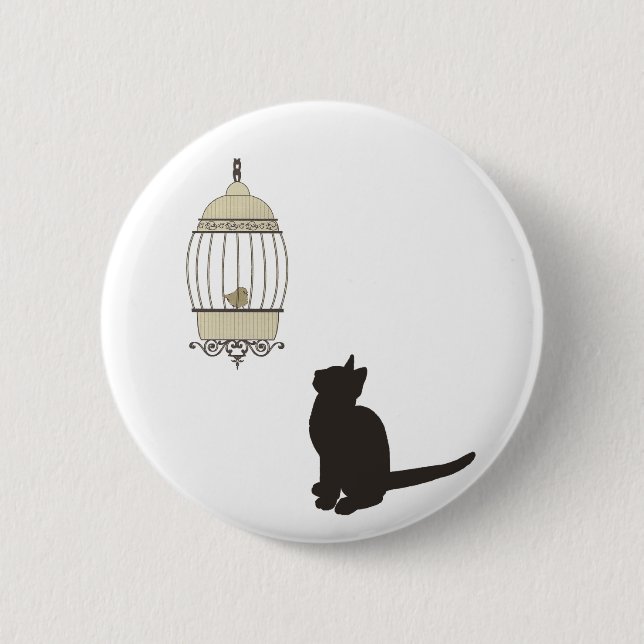 Cat and Birdcage Pinback Button (Front)