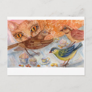 Cat and birds postcard