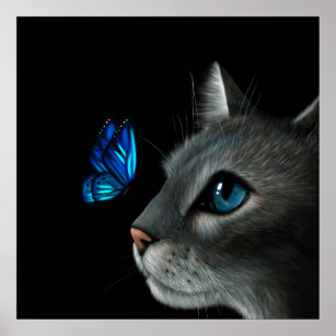 Cat and Blue Butterfly Poster