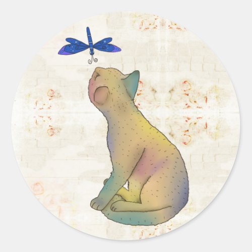 Cat and blue dragonfly classic round sticker