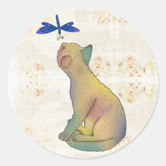 Cat and blue dragonfly classic round sticker