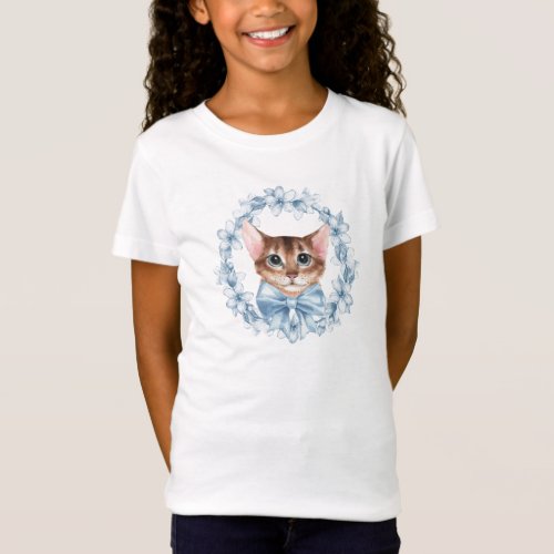 Cat and blue flowers T_Shirt