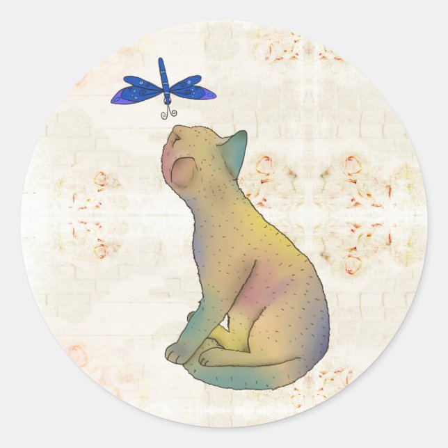 Cat and blue Libelle Round sticker (Front)